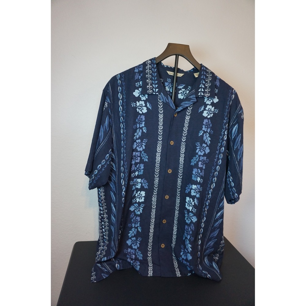 Tommy Bahama Vaquero Mens Navy Blue 100% Silk Hibiscus Floral Camp Shirt Large